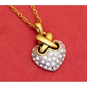 18 inch, Vintage Gold Tone Chain Link Rhinestone Heart Necklace by Avon - F33